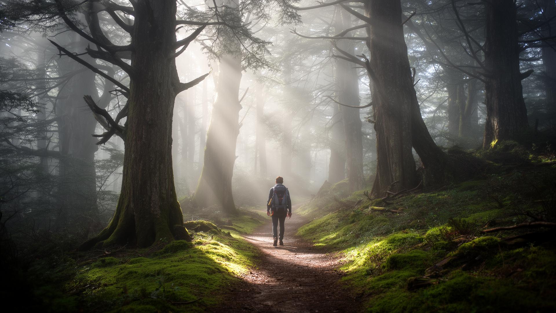 Hiker on a misty forest trail